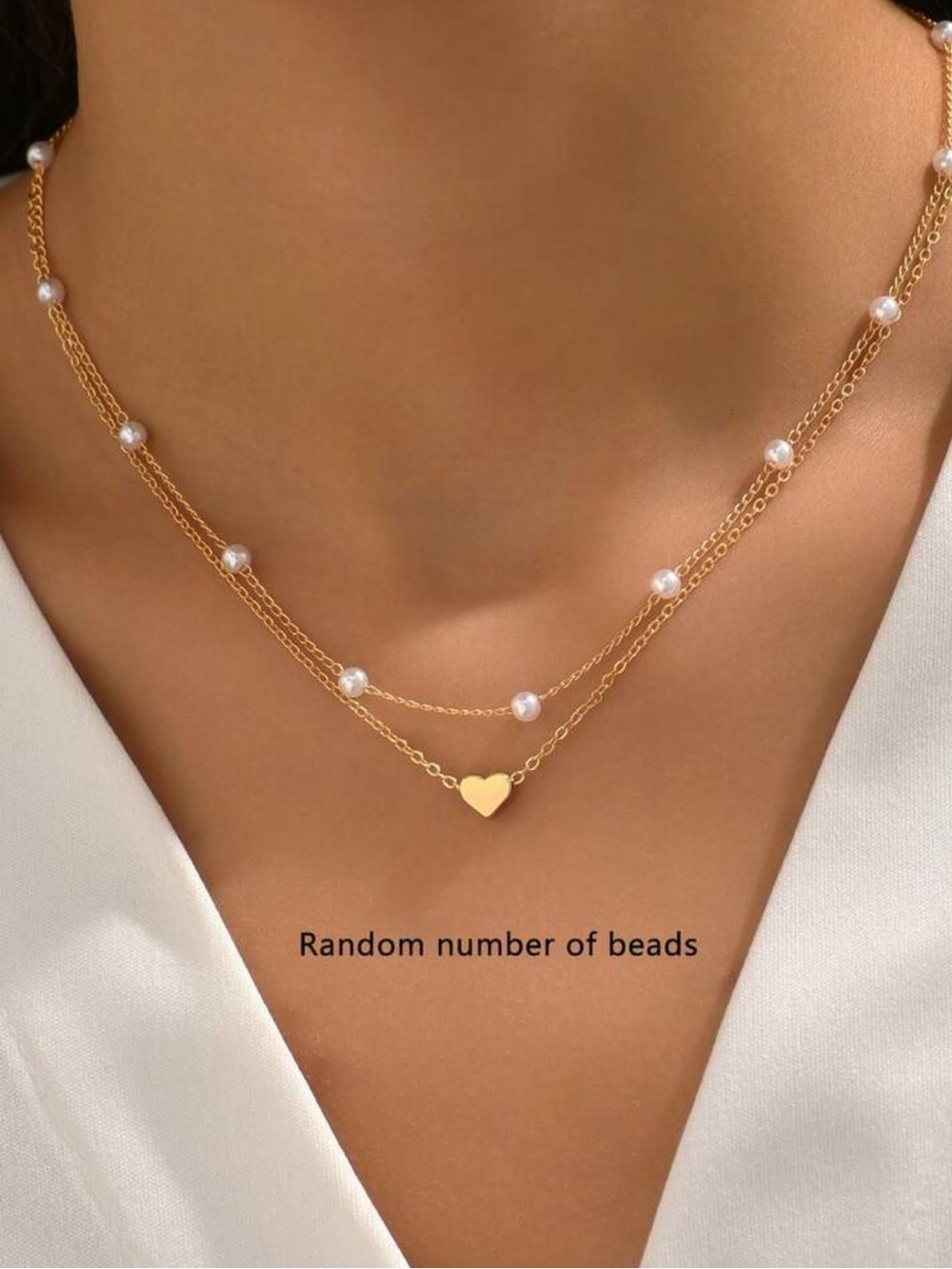 Jewelry stacked necklace viral layer beads, heart, pearl-like yellow gold color - Picture 1 of 4